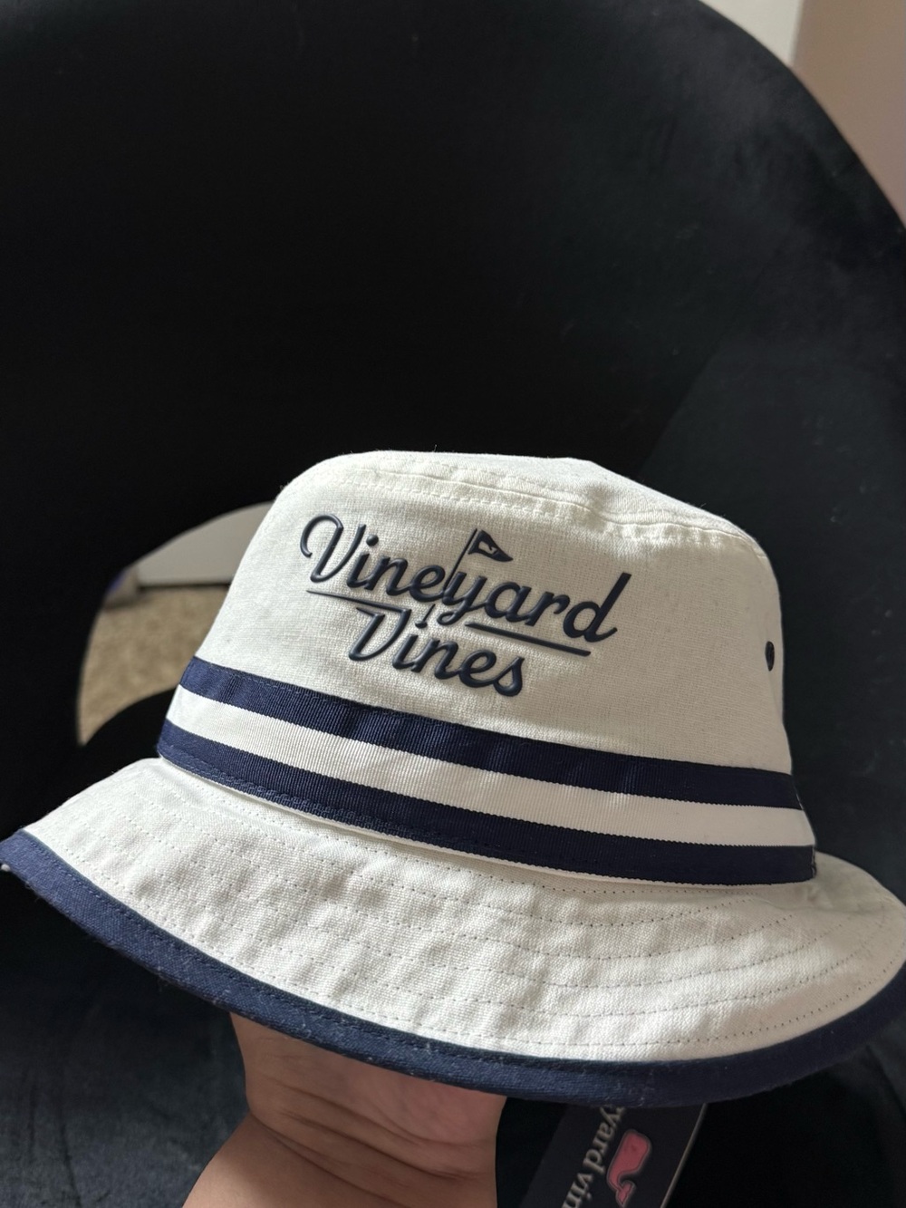 Vineyard Vines Cream and Navy Striped Bucket Hat